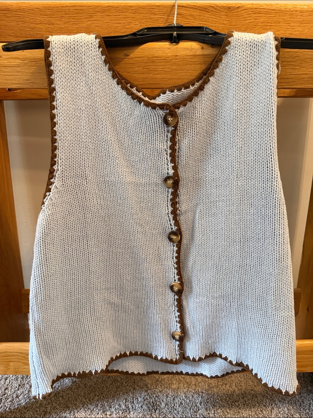 Light blue Knit Button-Front Sweater Vest with Brown Trim